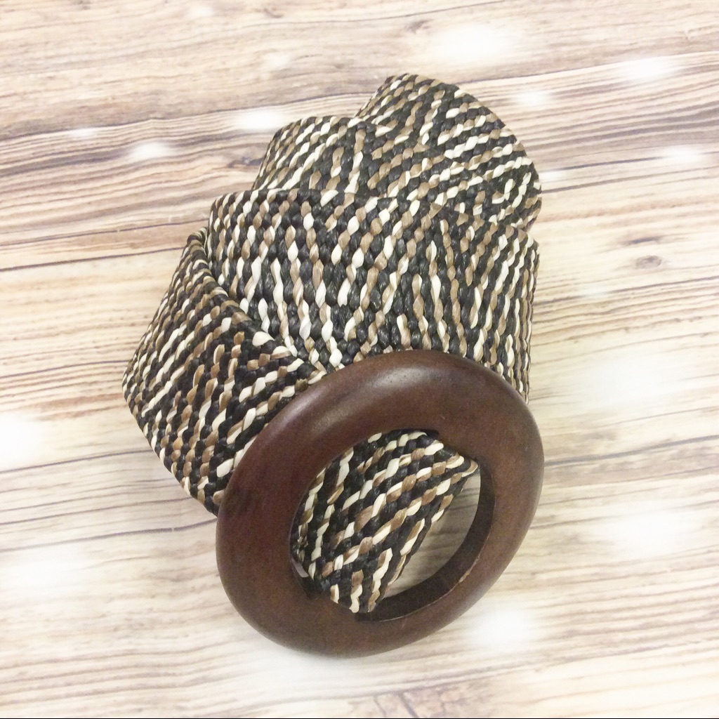 Wood  Straw Elasticized Twotone Leather Trim Belt